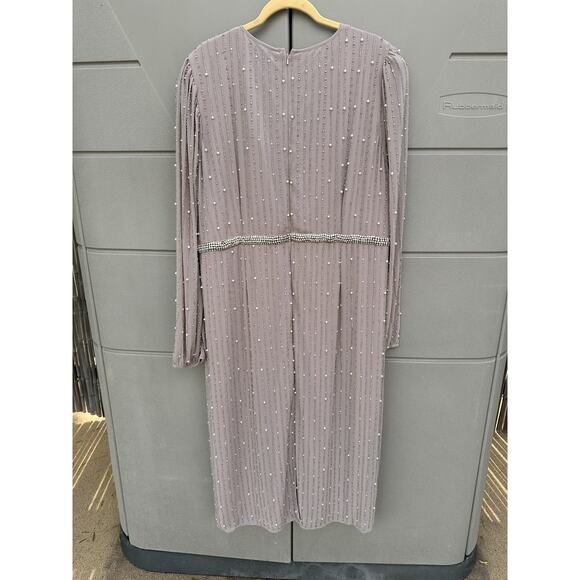Mac Duggal 93622 LONG PUFF SLEEVE PEARL BEADED MIDI DRESS VINTAGE LILAC SZ 20 - Picture 12 of 16